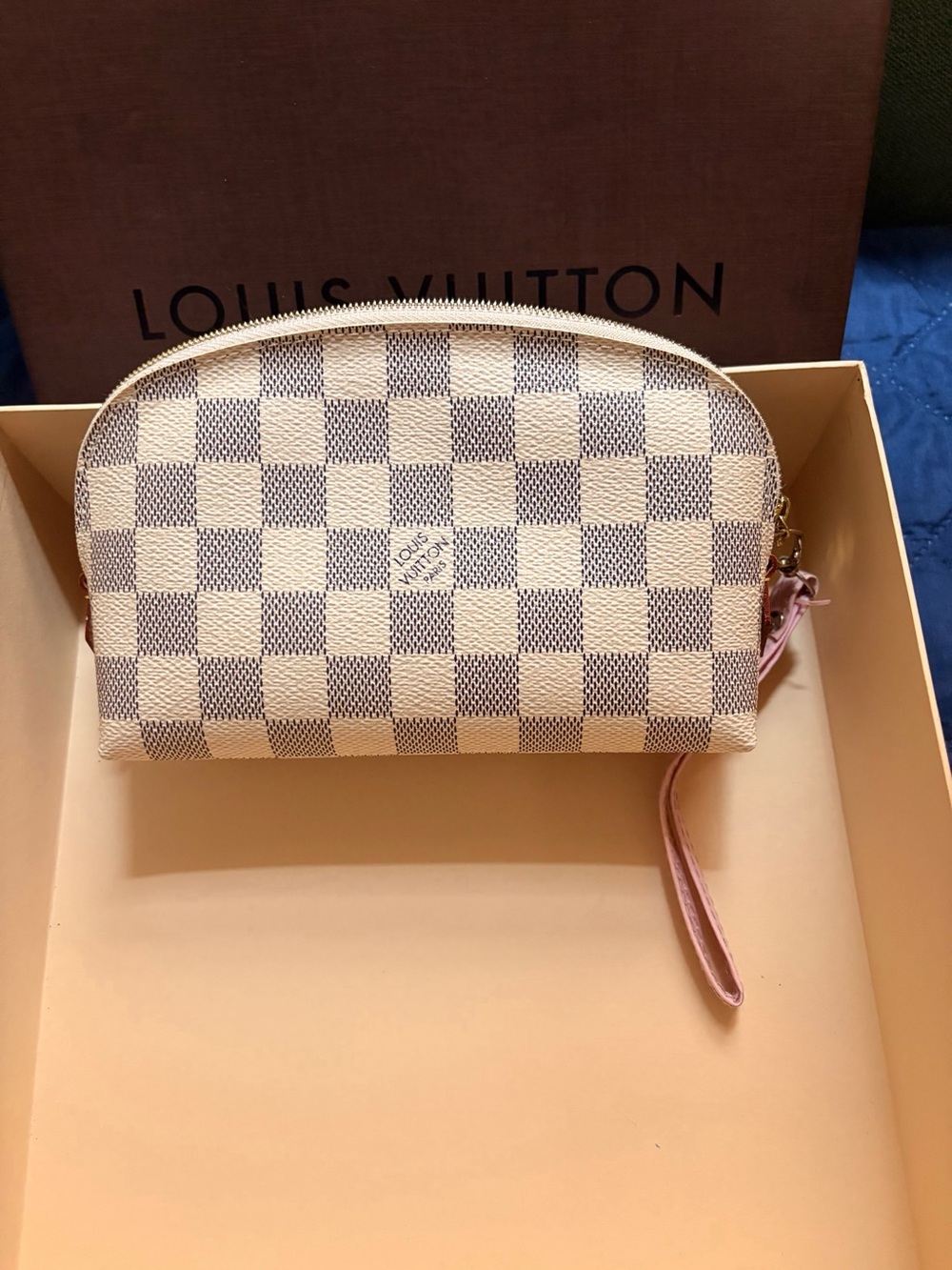 Louis Vuitton Damier Azur Wrist Cosmetic Pouch in Cream and Pink Trim